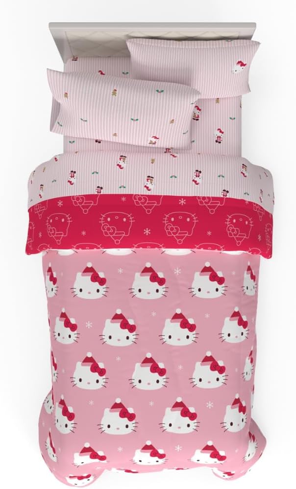 Sanrio Hello Kitty Holiday & Christmas Bedding Soft Comforter and Sheet Set with Sham, 5 Piece Twin Size, (Officially Licensed Product) By Franco