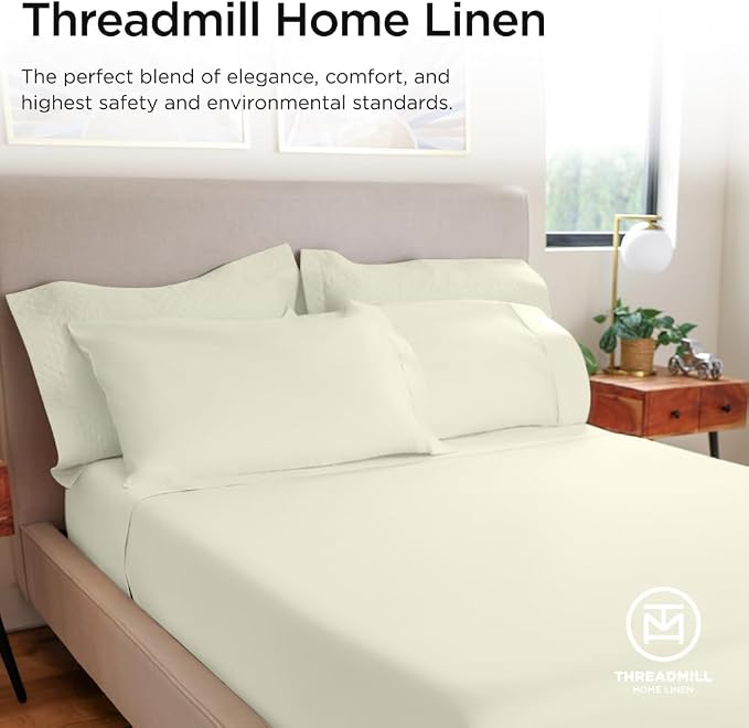 Threadmill 100% Cotton Sheets for King Size Bed - 600 Thread Count King Bed Sheets Set with 16” Deep Pocket - Sateen Weave 4-Piece Bedding Set with Cooling Effect, Ivory