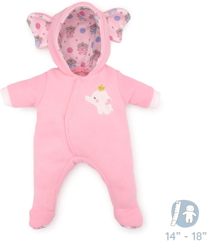 JC Toys | Berenguer Boutique | Baby Doll Outfit | Pink Elephant Themed Hooded Onesie | Ages 2+ | Fits Dolls 14"- 16"