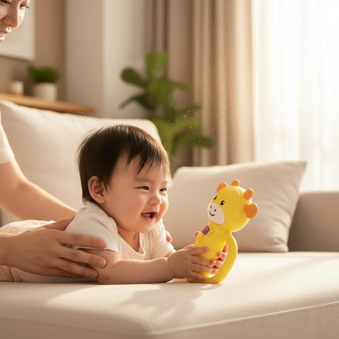 MooMoo Baby Musical Toy, 4‑in‑1 Light‑Up Sensory Toy & Teether for 3–24 Month Babies, BPA‑Free with Easy‑Grip Handle, Cute Cow‑Shaped Travel Toy for Car Seat & Stroller (Yellow)