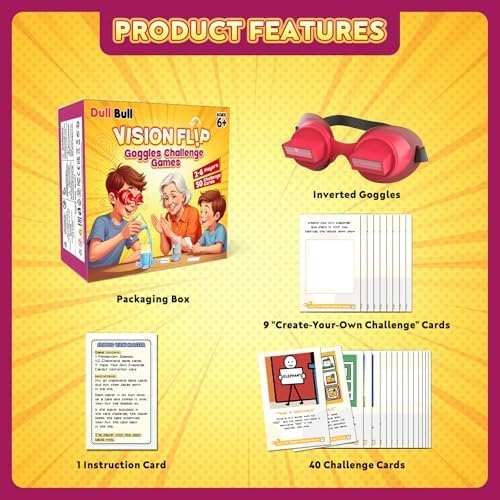 Vision Flip Goggles Challenge Game for Family & Kids,50 Colorful Challenge Cards| Adjustable Upside Down Glasses | Hilarious for Game Night & Parties 2-6 Players | Ages 6+