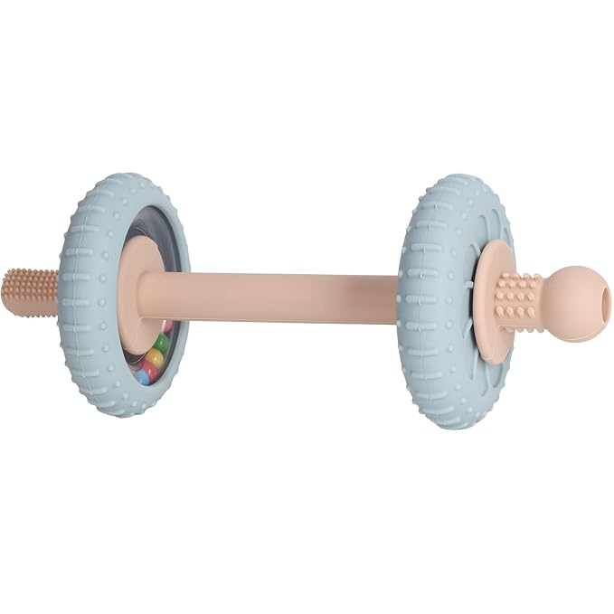 Baby Teething Toys Baby Rattle Teething Straw 3-in-1 Barbell-Shaped, Made from Silicone, Built-in Toothbrush Head and Nipple Shape, Bpa-Free, Phthalate Free, Professionally Certified, Blue