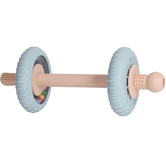 Baby Teething Toys Baby Rattle Teething Straw 3-in-1 Barbell-Shaped, Made from Silicone, Built-in Toothbrush Head and Nipple Shape, Bpa-Free, Phthalate Free, Professionally Certified, Blue
