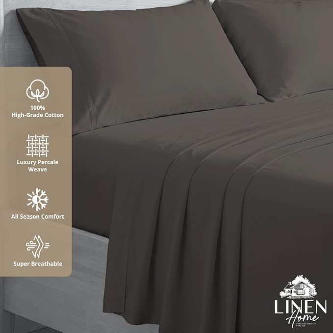 Linen Home 100% Cotton Percale Sheets Twin XL Size, Smoky Charcoal, Deep Pocket, 3 Pieces Set- 1 Flat, 1 Fitted and 1 Pillowcase, Crisp Cool and Long Staple Strong Bed Linen