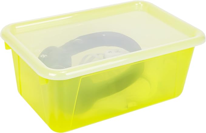 Storex Small Cubby Bins – Plastic Storage Containers for Classroom with Non-Snap Lid, 12.2 x 7.8 x 5.1 inches, Tint Yellow, 5-Pack (62482A05C)