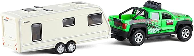Pickup Truck Trailer Towing Toy Camper 2 in 1 Playset RV Motorhome Toys for Boys Diecast Model Car Metal Pull Back Toy Cars 1/36 Scale SUV Doors Open Light Sound Kids Birthday Gifts, Green
