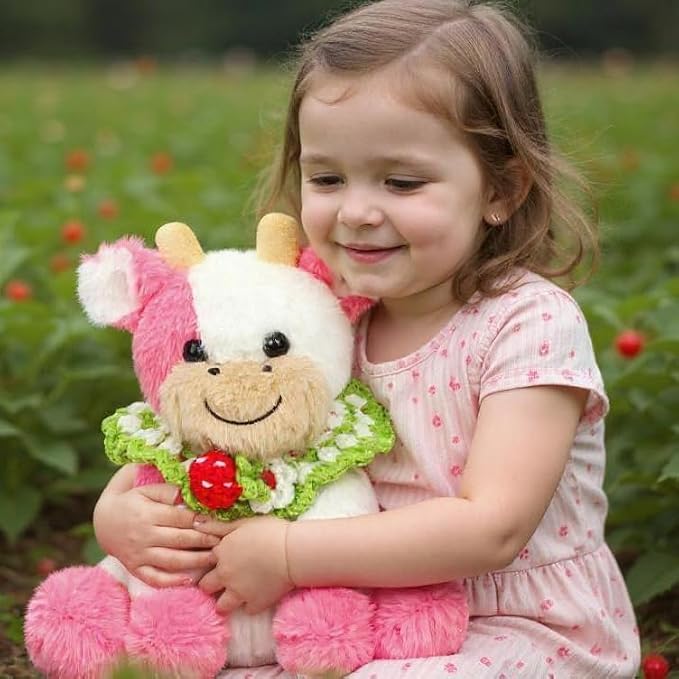 Hopearl Adorable Plush Cow Toy with Knitted Cute Strawberry Bib Floppy Dairy Cattle Soft Stuffed Animal Kawaii Gift for Boys Girls Kids Toddlers, Pink, 9''