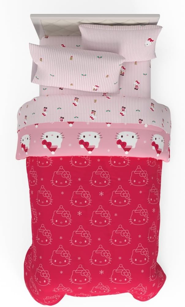 Sanrio Hello Kitty Holiday & Christmas Bedding Soft Comforter and Sheet Set with Sham, 5 Piece Twin Size, (Officially Licensed Product) By Franco