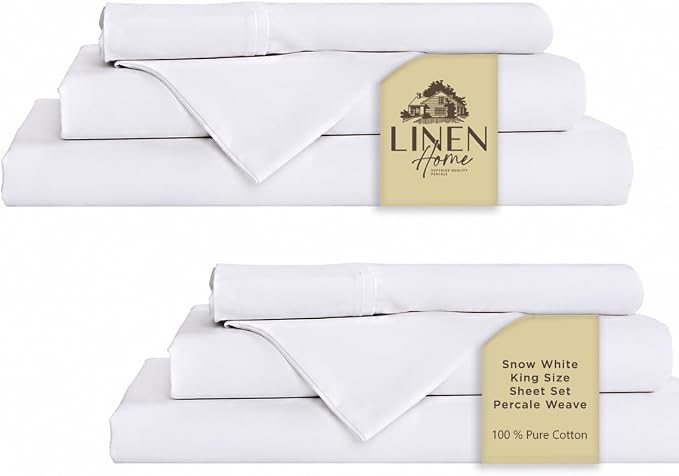 Linen Home 2-Pack King Sheet Set, 100% Cotton Percale Bedding, 8-Piece Value Bundle, Deep Pocket Cooling Bed Sheets for Hot Sleepers, Breathable & Crisp Hotel Quality, Long-Staple Cotton, Snow White