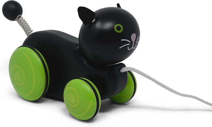 Jack Rabbit Creations- Whiskers The Cat Toddler Wooden Pull Toy- Classic Retro for Toddlers- Durable Construction- Smooth Rolling Wheels- Encourages Imaginative Play-18 Months+