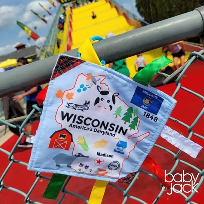 Baby Jack & Co 8x8” Learning Lovey Wisconsin State Tag Stroller Toy for Babies - Crinkle Toys for Developing Five Senses - Learn About Capitals - Travel with Baby Jack - BPA Free Clip