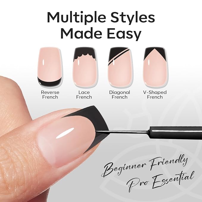 modelones Black French Tip Liner Gel Polish, 15 ML All Black Classic Color Nail Art Paint Swirl with Upgraded Fine Line Brush Soak Off U V DIY Home Salon Professional Manicure Design Gift for Women