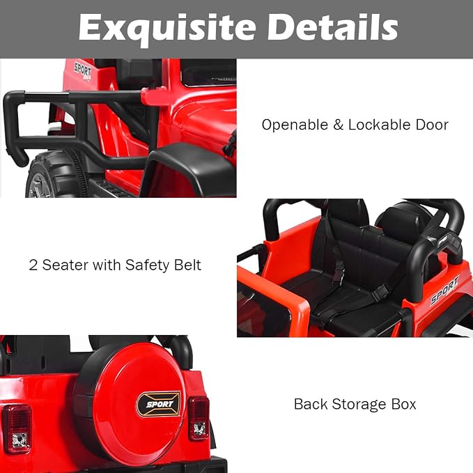 Costzon 2-Seater Ride on Truck, 12V Battery Powered Electric Vehicle Toy w/Storage, Remote Control, 3 Speed, LED Lights, MP3, Horn, Music, 2 Doors Open, Spring Suspension, Ride on Car for Kids (Red)