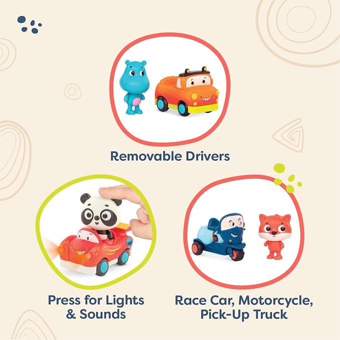 B. toys – Toy Vehicles & Animal Characters – Race Car, Motorcycle, Pick – Up Truck – Toy Cars for Toddlers, Kids – Lights & Sounds – 1 Year + – 3 – Pack Mini Riders