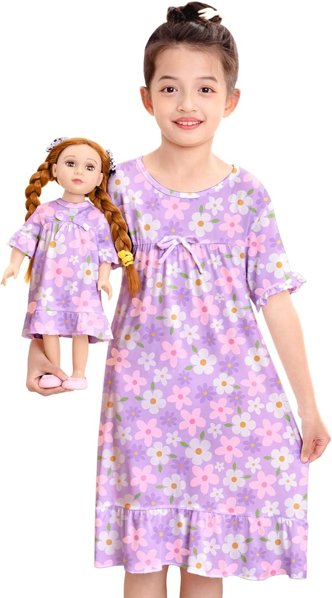 MHJY Matching Girls & Doll Nightgowns Vintage Short Sleeve Sleepwear Pajamas Dress for Girls and 18" Girl Doll
