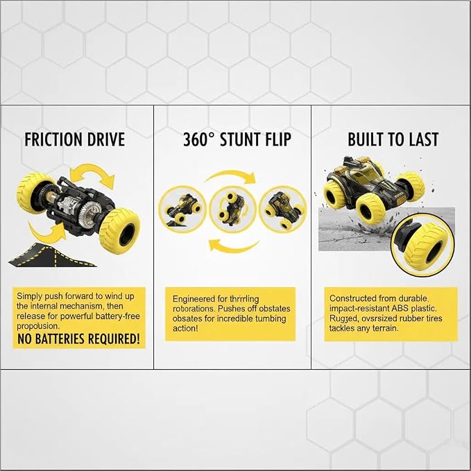 Friction Powered Flip Stunt Car, Push and Go Toy Car with 360° Upright Spin, Dual-Sided Rotating Off-Road Vehicle, No Batteries Required, Toy Car for Boys & Girls Ages 3 (Yellow)