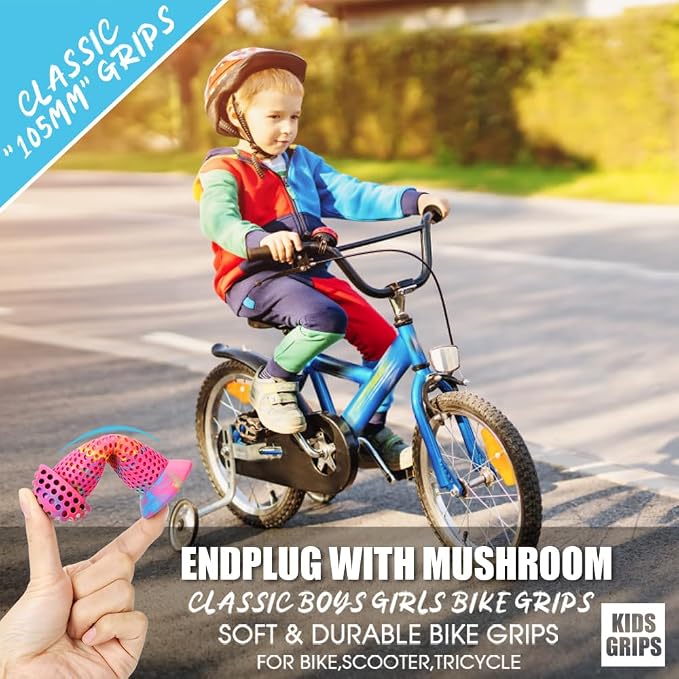 Kids Bike Grips - 105mm Bicycle Handlebar Grips With Mushroom Pattern for Bikes, Balance Bikes, and Kick Scooters