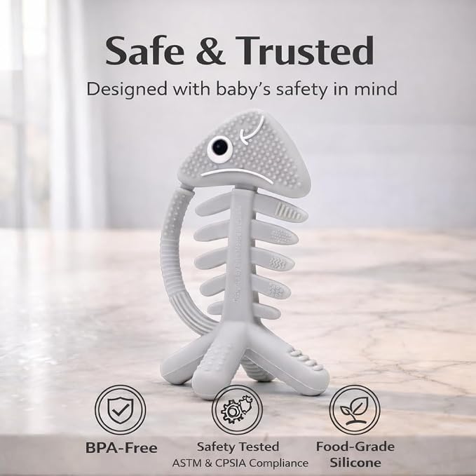 3 in 1 Infant Toys, Baby Teething Toys 3–6 6–12 Months, Teethers for Babies 0–3–6–12 Months for Teething Relief, Baby Gift, Baby Teether Toys, Silicone Sensory Toys, USA Patent Pending, Fish (Gray)