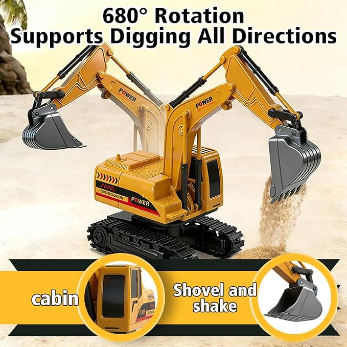 RC Hydraulic Excavator Toy, 6-Channel Remote Control Excavator with Metal Shovel & Lights, 360° Rotation Mini Excavator, RC Construction Vehicles Digger Toy for Boys 3-8