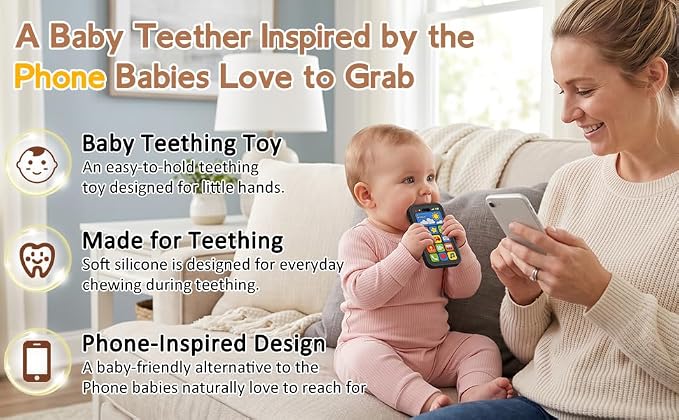 Baby Teething Toys Silicone Baby Phone Teether Over 3 Months - Sensory Chew Toys Baby Teether for Teething Relief - BPA Free Infant Toys Baby Shower Gifts (1, Black)