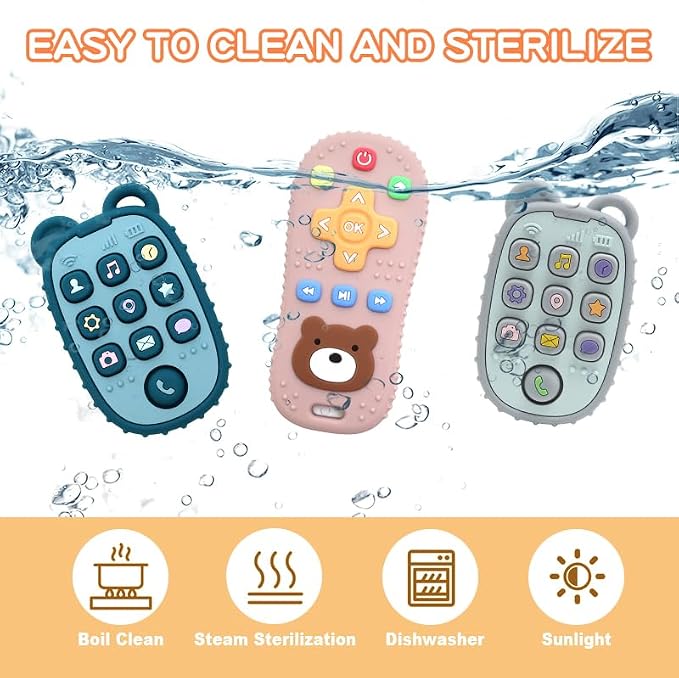 HippoBaby 2-Pack Silicone Teethers – Remote Control & Phone Teething Toys with Popper Buttons, BPA-Free, CPC Certified Baby Essentials for Infants & Toddlers (Remote/Phone - Dark Blue/Grey)