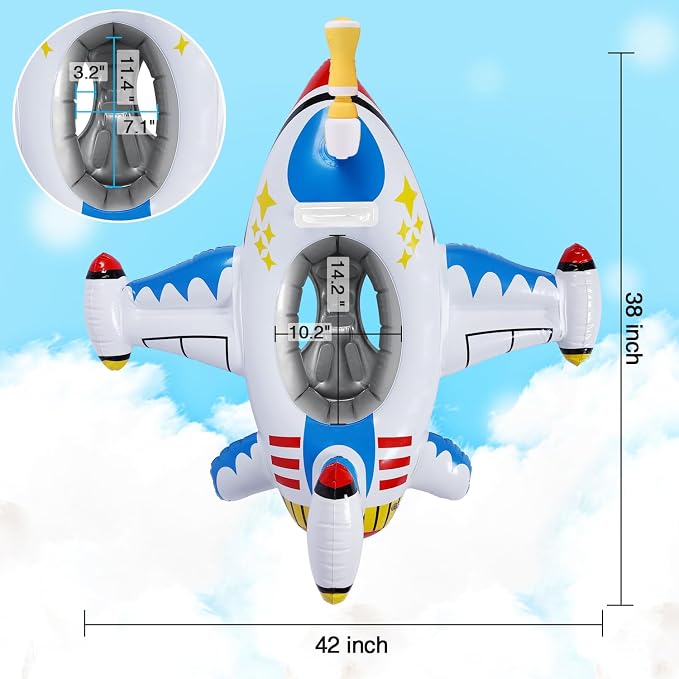 Baby Airplane Pool Float with Handle & Squirt Gun, Baby Swim Float Swimming Pool Float Kids Toddler Floaties Toddler Pool Float Age 1-4 Boys Girls Inflatable Ride-ons Pool Beach Toys