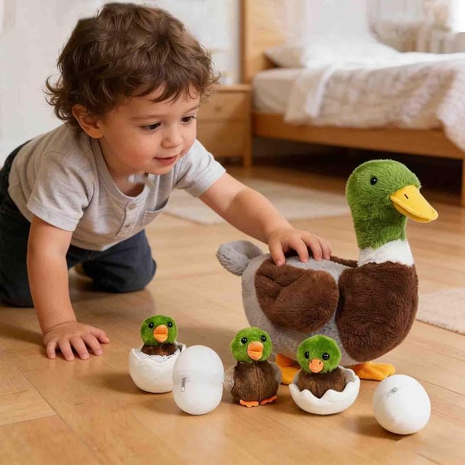 7 in 1 Mallard Duck Stuffed Animals Plush Toys, 12“ Zippered Mommy Stuffed Duck with 4 Baby Ducklings and Eggs Green Duck Plushies Pillow for Kids Birthday Christmas Farm Party Decor