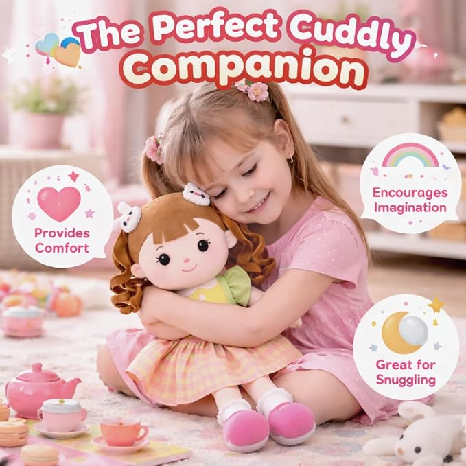 Soft Bunny Baby Doll – 16" Plush Baby Rag Doll with Rabbit Clips, First Baby Doll for 1-Year-Old Girls, Plush Doll for Toddlers and Infants