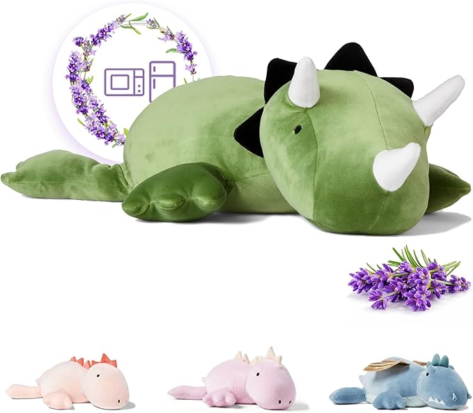 OSOCU® Microwavable Heating Pad Green Triceratops Plush - 1.4 Lb Weighted Stuffed Animal Toy with Tourmaline Beads & Lavender - 16" Squished Long Dinosaur Pillow - Lumbar Back Cushion Lasting Warmth
