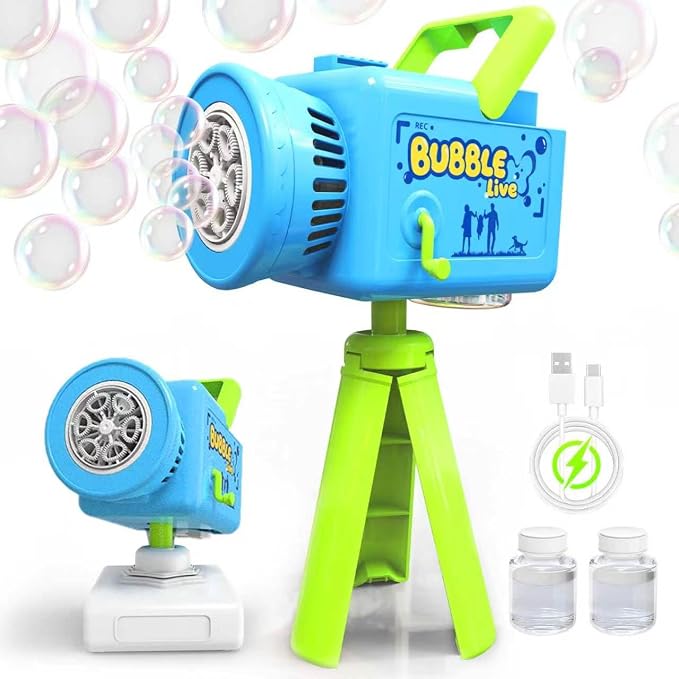 Kids Bubble Camera, Rechargeable Outdoor Bubble Machine with Tripod, USB Toy Gift for Party Birthday Camping