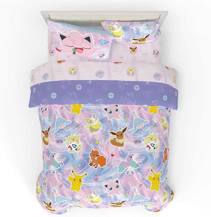 Pokémon Eevee, Pikachu, Jigglypuff Girl Bedding Soft Cozy Reversible Microfiber Comforter and Sheet Set with Sham, 7 Piece Full Size, (Official Licensed Product) By Franco Kids