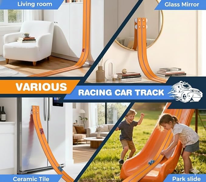 15 Ft Flexible Race Track for Kids, DIY Car Track Set with 2 Toy Cars & 3 Suction Cup Ramps, Easter Basket Stuffers for Teens & Boys Girls, Creative Easter Gifts for Kids, Orange