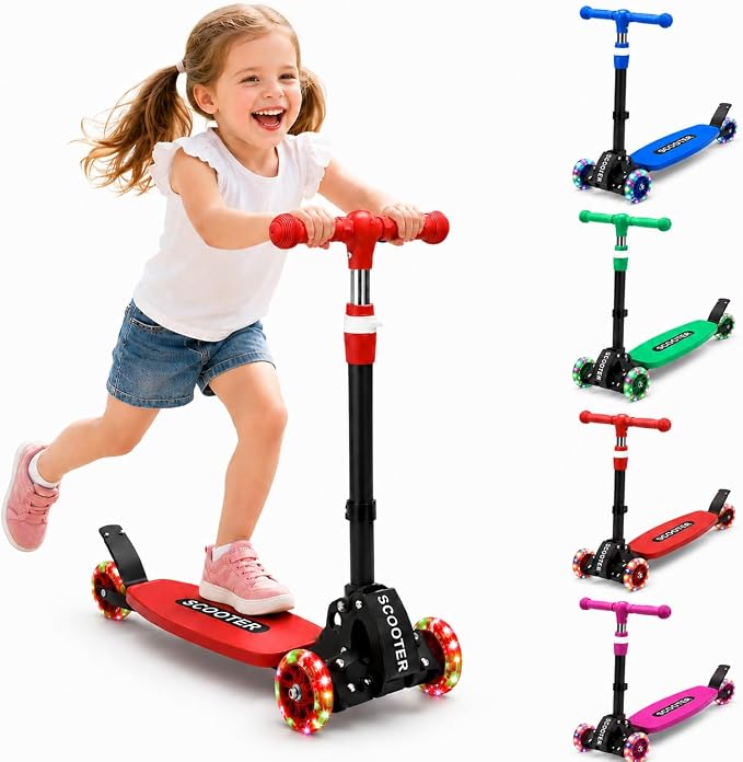 Kids Kick Scooter, Kick Scooter for Kids 2-7 Age, Light up 3 Wheels Kick Scooter, Heavy Duty Folding Lean-to-Steer Scooters with 3 Adjustable Handlebar for Boys Girls Blue