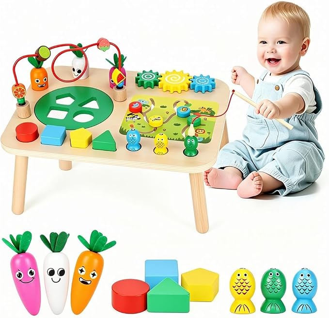 Activity Table, Montessori Toys for 1 2 Year Old Girls Boy Gifts, 7 in 1 Wooden Sensory Play Table for Toddler 1 2 3, Learning Toys for Baby 12-18 Months 1st Christmas Birthday Gifts