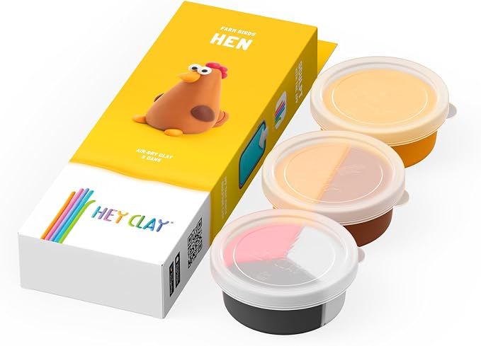 HEY CLAY Modelling Air-Dry Clay with Fun Interactive App - Non-Toxic, Non-Stick Modeling Clay Crafts Set for Kids Ages 3 to 8-3 cans (Farm Birds: Hen)