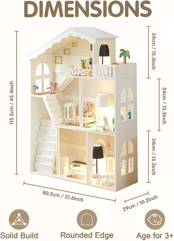 Wooden Dollhouse Bookshelf - Toddler Doll House Bookcase, Extra Space Kids Toy Storage Book Shelf, 3-Tier Children Dollhouse, Pretend Play Toy House (Traditional Angled Roof)