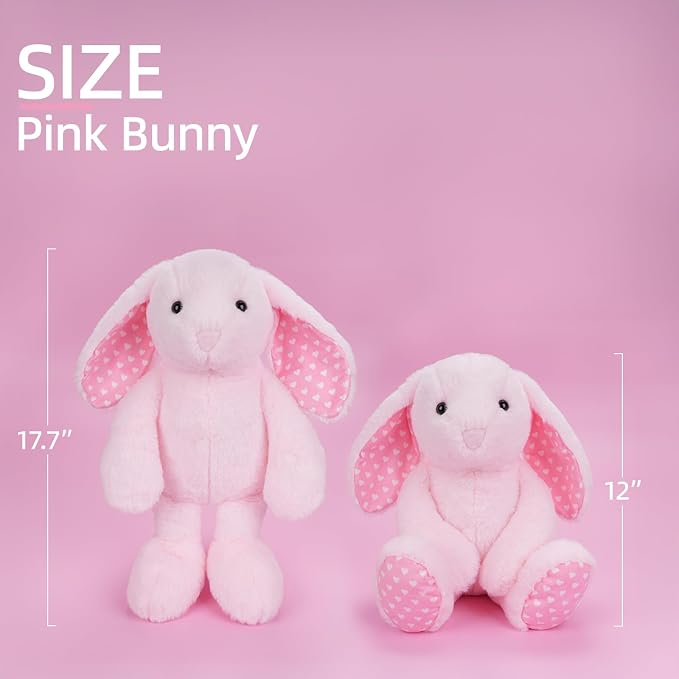 WEIGEDU Pink Rabbit Bunny Stuffed Animal Plush Toy | 17.7“, Floppy Ears, Heart Print, Birthday Nursery Décor, Easter Christmas Bedtime Gift