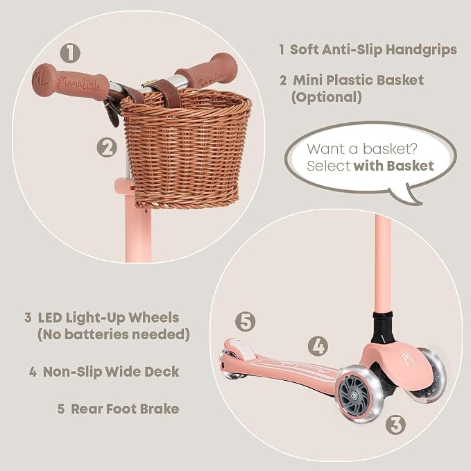 MomnLittle 3 Wheel Toddler Scooter for Kids Ages 3-10, Foldable Scooter with LED Light-Up Wheels, Lean-to-Steer Design, Mini Basket & 4 Adjustable Heights, Scooter for Boys and Girls