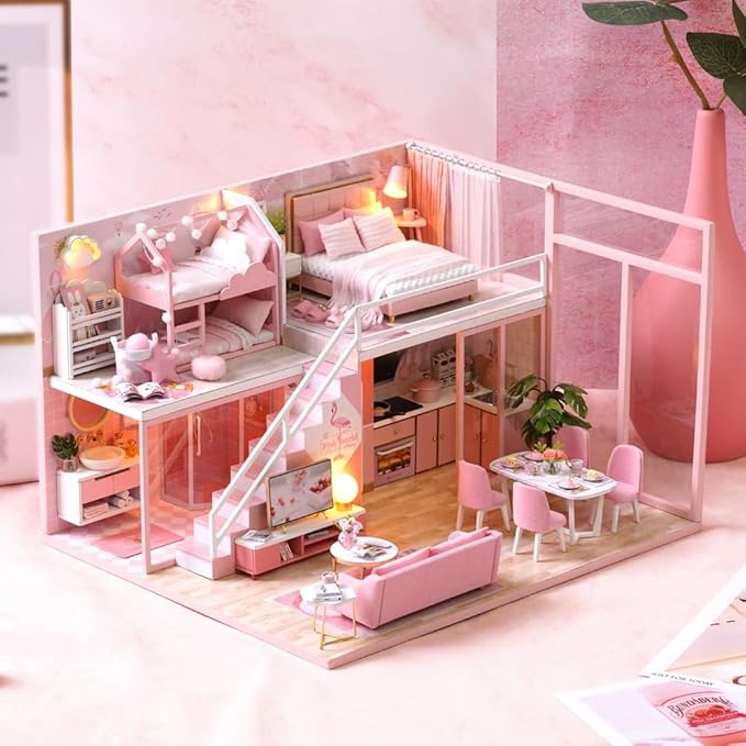 TuKIIE DIY Miniature Dollhouse Kit with Furniture, 1:24 Scale Creative Room Mini Wooden Doll House Accessories Plus Dust Proof & Music Movement for Kids Teens Adults(Meeting Your Sweet)