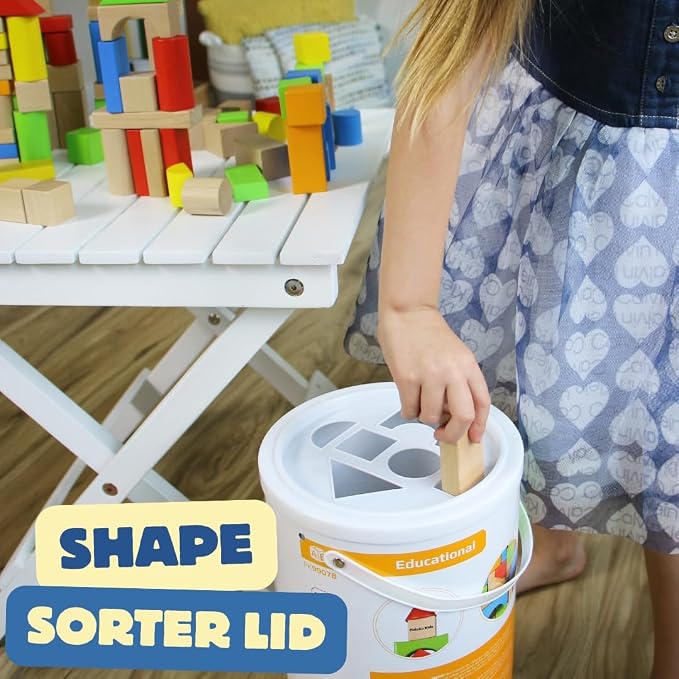 Pidoko Kids Building Blocks for Toddlers 1-3, 100 Pcs Wooden Blocks - Includes Storage Bucket and Shape Sorter Lid - Montessori Wood Block Gifts For Preschool Boys & Girls