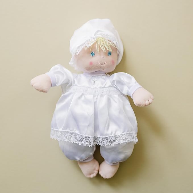 Genius Baby Toys Baptism Gift Baby Doll, Christening Doll in White Satin Dress, 12", Soft Plush, Gift-Ready Packaging, Catholic Baby Toy, Nontoxic, Baby Girls & Boys