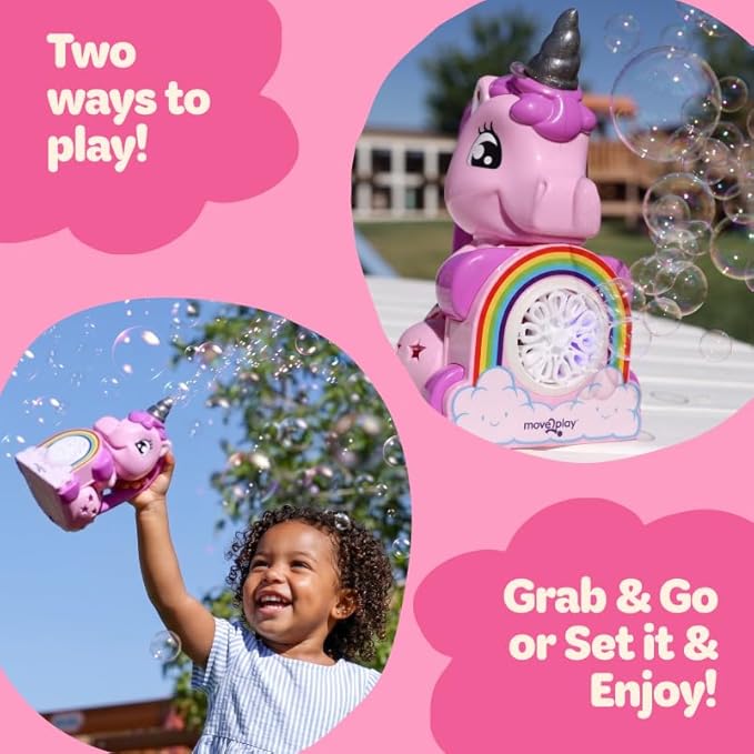 Move2Play Bubble Blower | Bubble Machine | Bubble Toy for Toddlers, Boys and Girls | Indoor & Outdoor | Birthday Party | Summer Fun | Gift for Girls 1, 2, 3, 4+ Years Old (4th of July) (Unicorn)