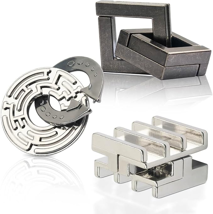 3PCS Fun Metal Brain Teaser Puzzle Games - Adults Mind 3D Toys -Teens IQ Insight Challenge - Educational Gift for Ages 12+