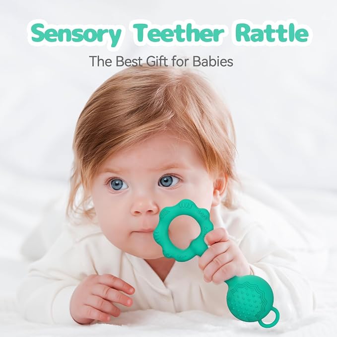 Teethers for Babies 6-12 Months, Rattles for Babies 0-6 Months, 2-in-1 Rattle and Teether Toy for Soothing Sore Gums and Keeps Little Ones Entertained, Food Grade Silicone (Spearmint)