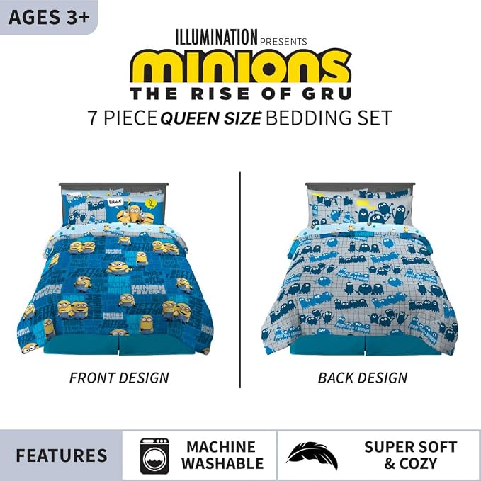 Minions The Rise of Gru Kids Bedding Super Soft & Cozy Reverisble Microfiber Comforter and Sheet Set with Sham, 7 Piece Queen Size, (Officially Licensed Product) By Franco