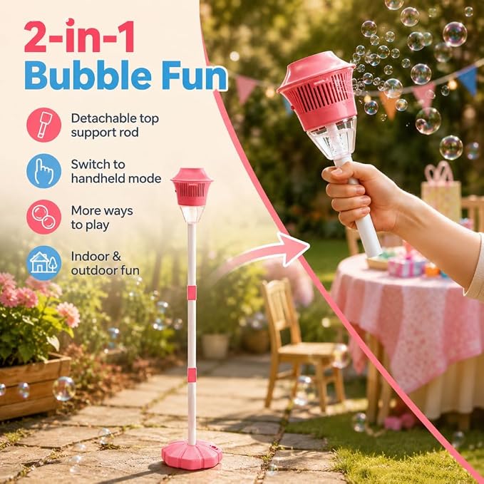 New Bubble Machine, 47in Rechargeable Automatic Bubble Maker with Light Music, 3 Level Heights Adjustable, Detachable Bubble Wand for Outdoor Party Wedding, Includes Bubble Solution (Red)