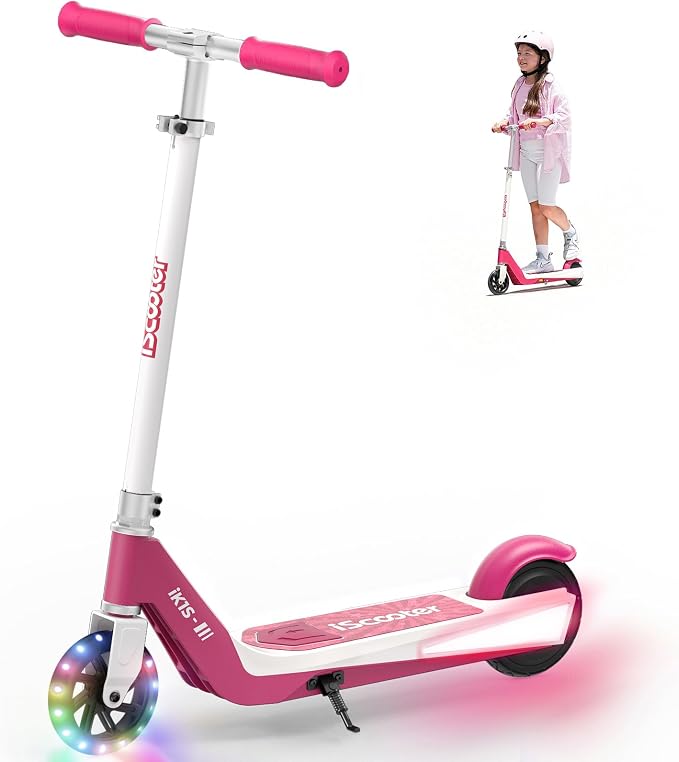 iScooter IK3 Serious Electric Scooter for Kids Aged 6-12, 3/6/10MPH Speed, Dual Brake System, 3 Heights (IK3Pro), Magnetic Charging, Colorful Lights, LED Display, 150W Motor Kids Scooter
