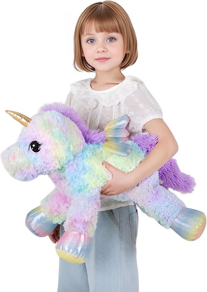FFxiong 24 Inch Rose Rainbow Colors Unicorn Stuffed Animal Plush Toy with Wings Soft Cute Large Unicorn Plushies Animals Pillow Gift for Children Boy Girl Kids Valentine Birthday Decorations