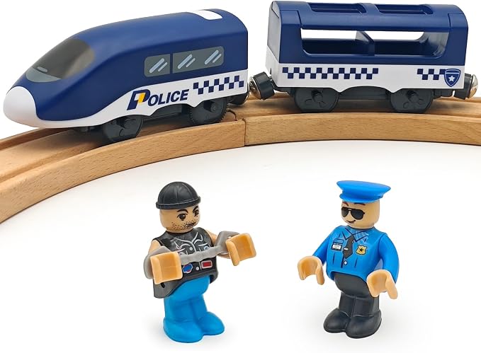 Battery Operated Police Train for Wooden Train Tracks with Figures Kids Magnetic Wooden Trains Set for Toddlers Boys 3-5 4-8 (Without Battery and Tracks) (Blue)