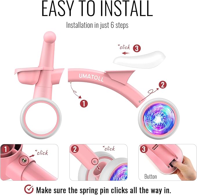 Umatoll Colorful Lighting Baby Balance Bike Toys for 1 Year Old Girl Gifts, Adjustable Seat, First Birthday Gifts, 12-24 Months Toddler Bike, Pink